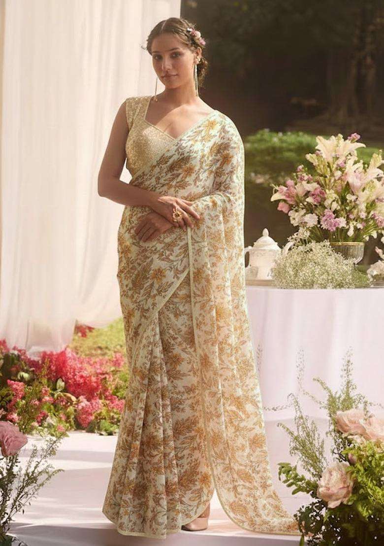 White Printed Crepe Pre Draped Saree Set - Indya