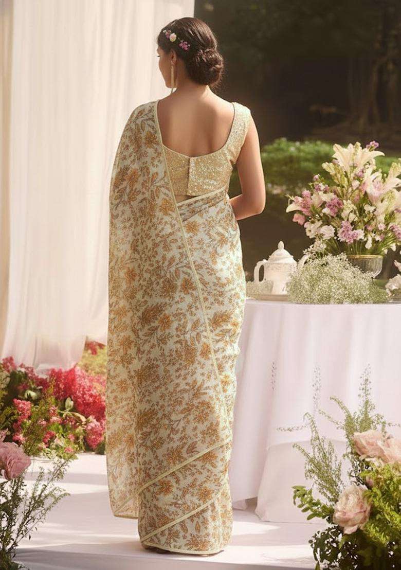 White Printed Crepe Pre Draped Saree Set - Indya