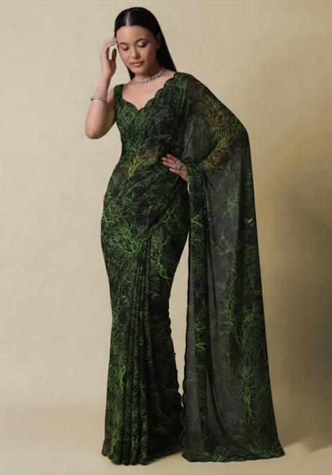 Dark Green Silk Pre Draped Saree Set