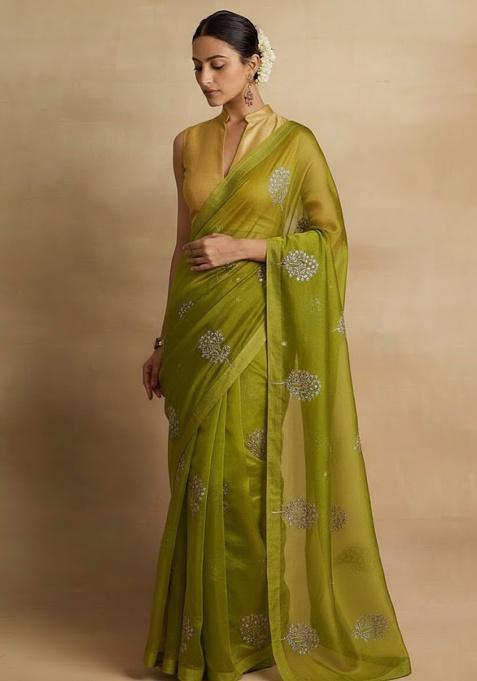 Olive Green Embroidered Organza Pre Draped Saree Set — view on Indya