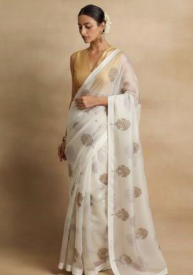White Embroidered Organza Pre Draped Saree Set