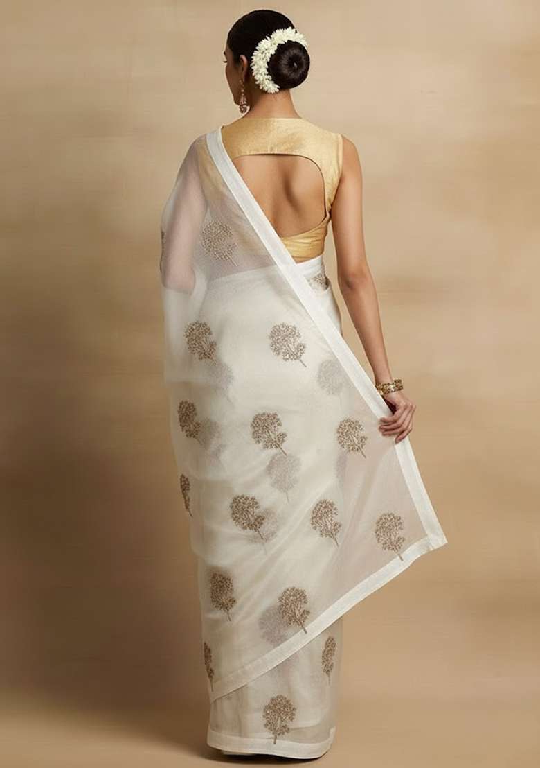 White Embroidered Organza Pre Draped Saree Set - Indya