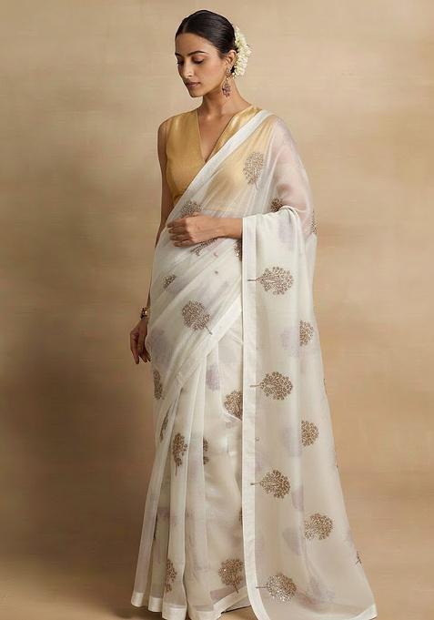 White Embroidered Organza Pre Draped Saree Set