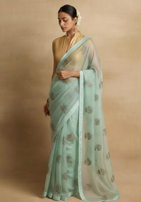 Light Blue Embroidered Organza Pre Draped Saree Set