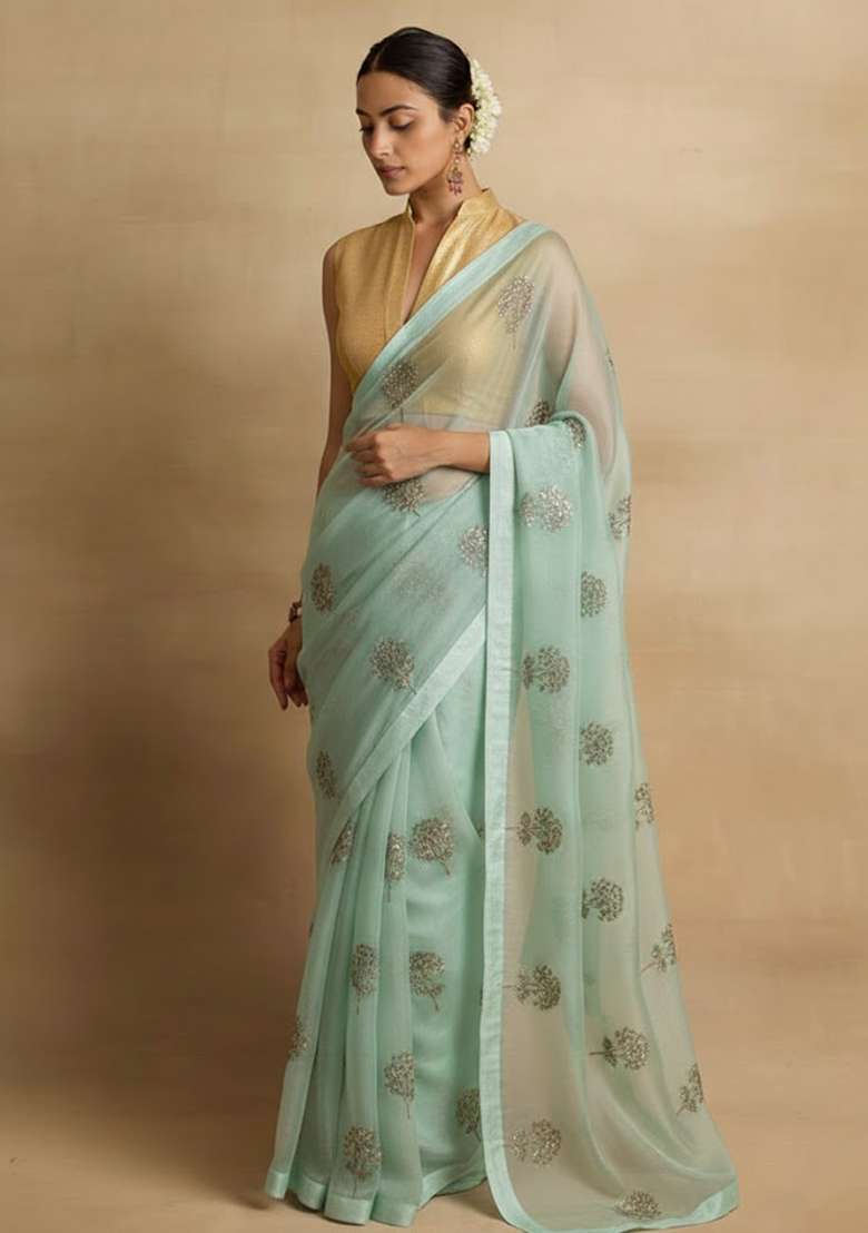 Light Blue Embroidered Organza Pre Draped Saree Set - Indya
