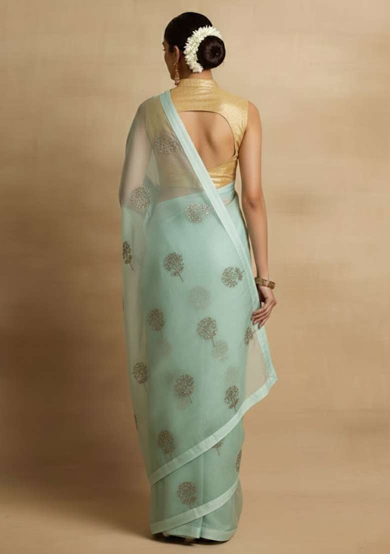 Light Blue Embroidered Organza Pre Draped Saree Set - Indya