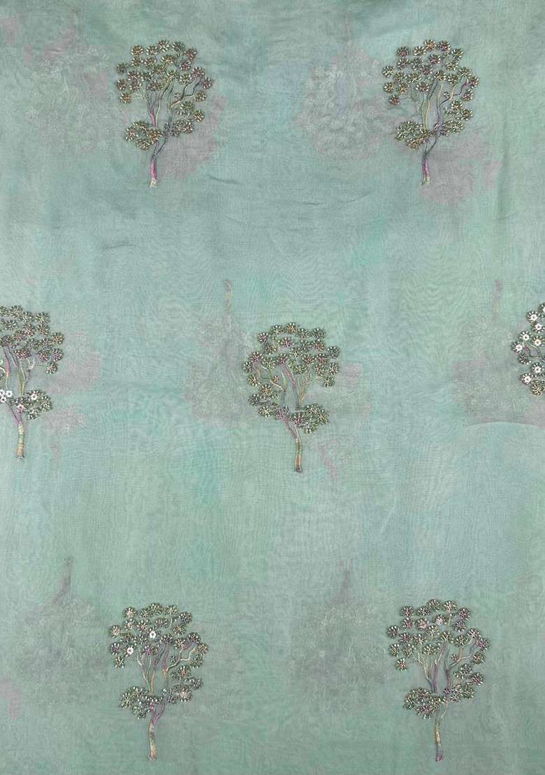 Light Blue Embroidered Organza Pre Draped Saree Set - Indya