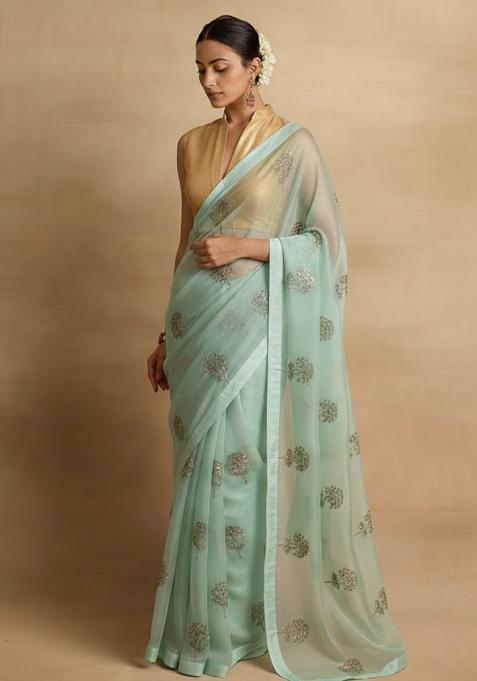 Light Blue Embroidered Organza Pre Draped Saree Set