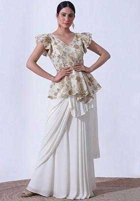 Off White Embroidered Crepe Fusion Set