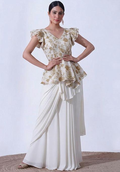 Off White Embroidered Crepe Fusion Set