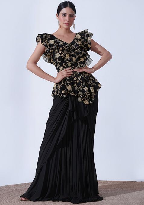 Black Embroidered Crepe Fusion Set