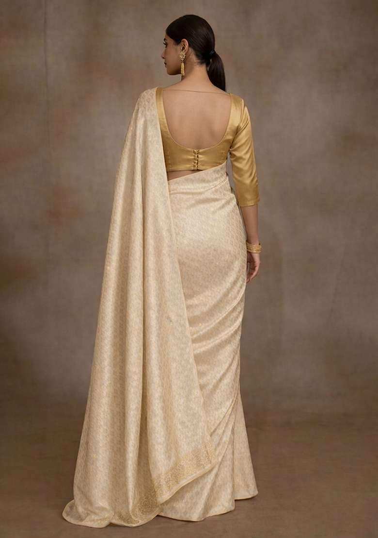 Off White Brocade Pre Draped Saree Set - Indya