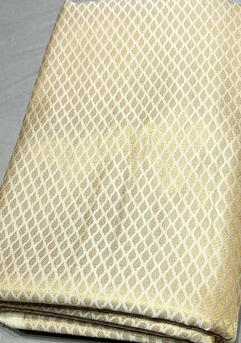 Off White Brocade Pre Draped Saree Set - Indya