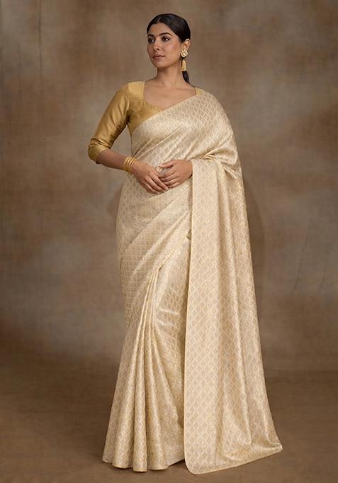 Off White Brocade Pre Draped Saree Set