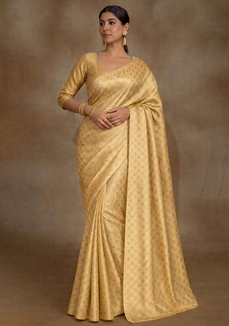 Gold Brocade Pre Draped Saree Set - Indya