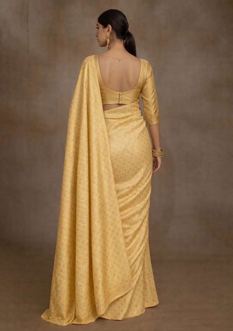 Gold Brocade Pre Draped Saree Set - Indya