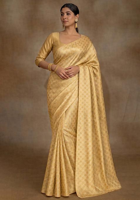 Gold Brocade Pre Draped Saree Set