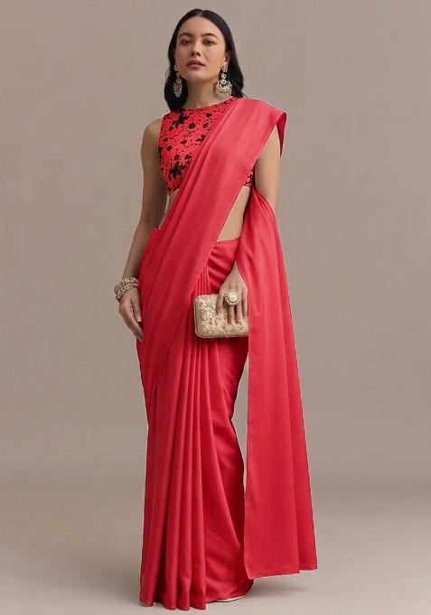 Crimson Red Embroidered Chanderi Pre Draped Saree Set