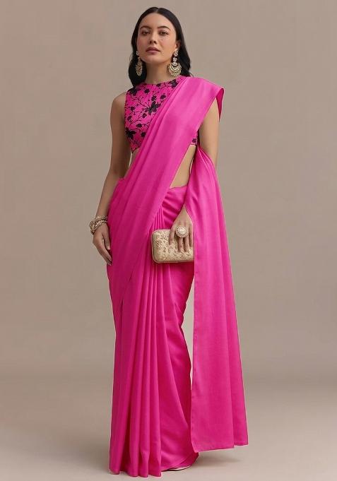 Rani Pink Embroidered Chanderi Pre Draped Saree Set