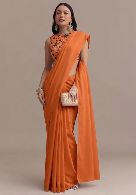 Rust Embroidered Chanderi Pre Draped Saree Set