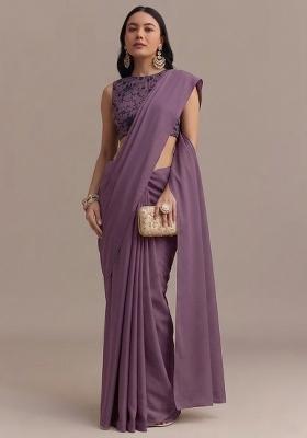 Purple Embroidered Chanderi Pre Draped Saree Set