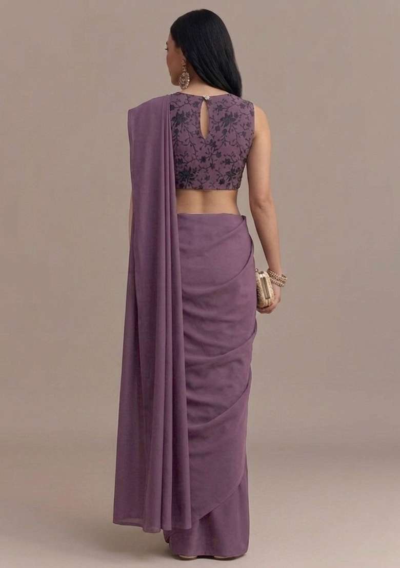 Purple Embroidered Chanderi Pre Draped Saree Set - Indya