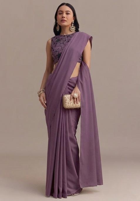 Purple Embroidered Chanderi Pre Draped Saree Set
