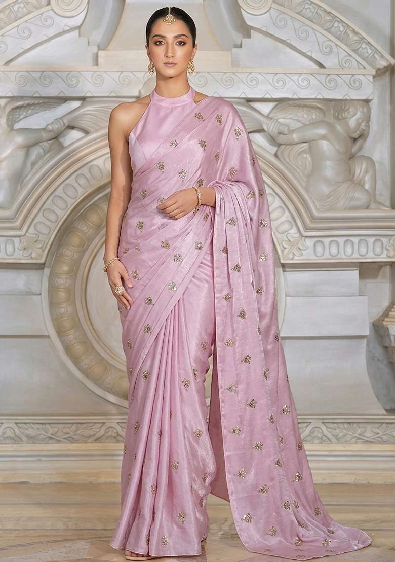 Baby Pink Embroidered Silk Blend Pre Draped Saree Set - Indya