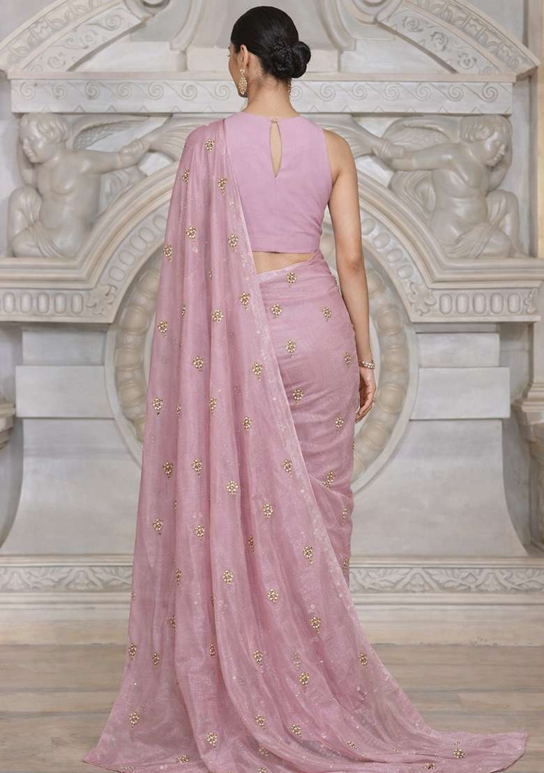 Baby Pink Embroidered Silk Blend Pre Draped Saree Set - Indya
