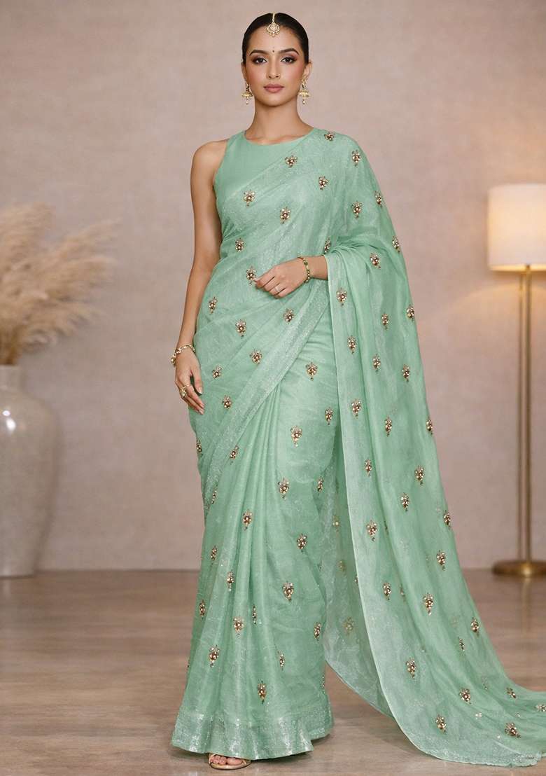 Mint Green Embroidered Silk Blend Pre Draped Saree Set - Indya
