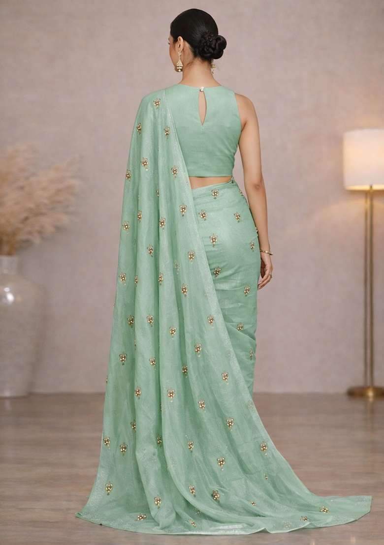 Mint Green Embroidered Silk Blend Pre Draped Saree Set - Indya