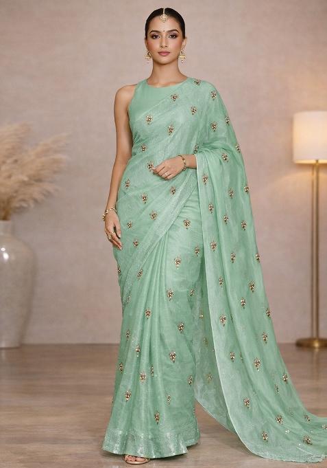Mint Green Embroidered Silk Pre Draped Saree Set