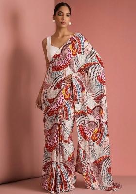 Off White Printed Crepe Pre Draped Saree Set