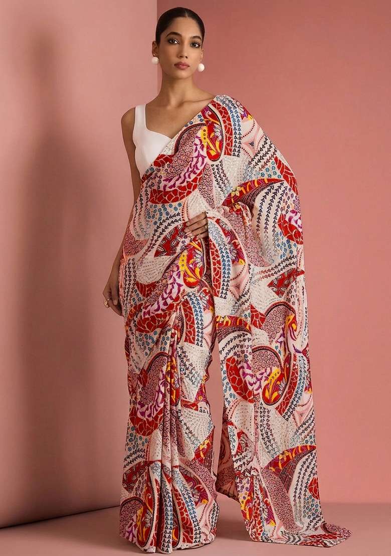Off White Printed Crepe Pre Draped Saree Set - Indya