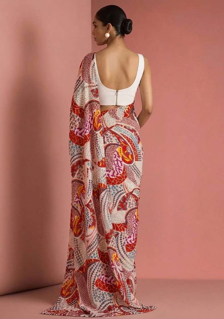 Off White Printed Crepe Pre Draped Saree Set - Indya