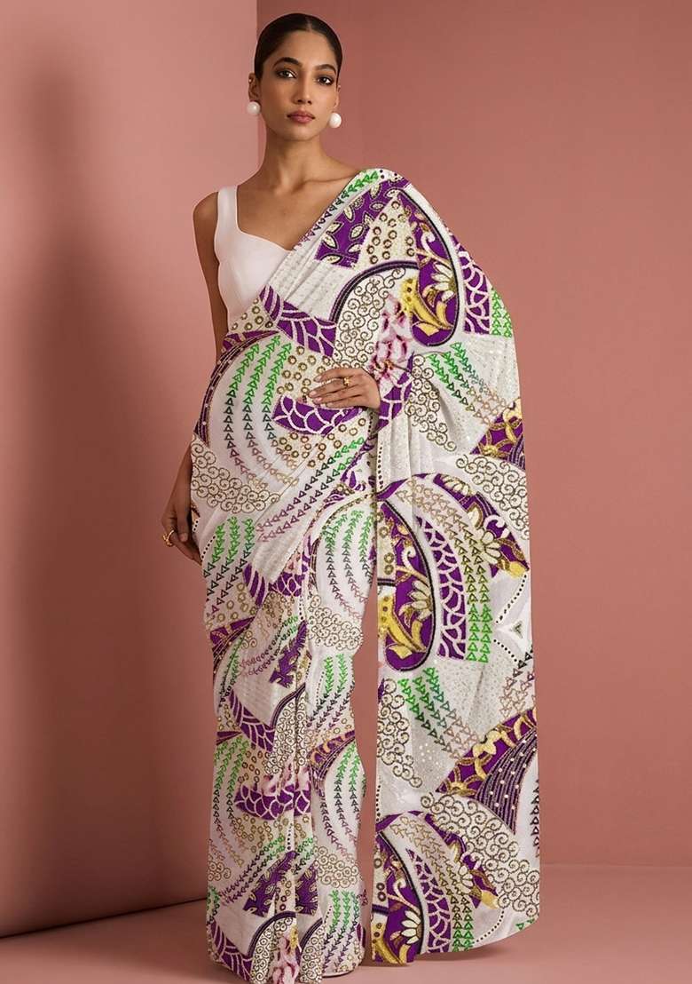 Ivory Printed Crepe Pre Draped Saree Set - Indya