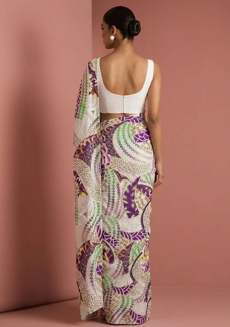 Ivory Printed Crepe Pre Draped Saree Set - Indya