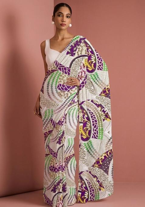 Ivory Printed Crepe Pre Draped Saree Set