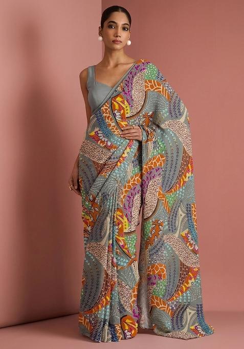 Grey Printed Crepe Pre Draped Saree Set