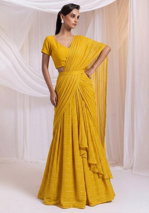 Mustard Yellow Embroidered Chinon Pre Draped Saree Set