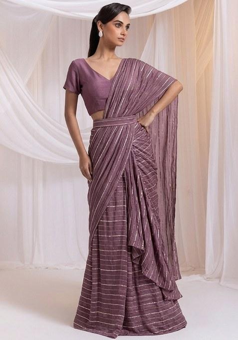 Mauve Embroidered Chinon Pre Draped Saree Set
