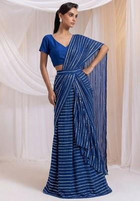 Royal Blue Embroidered Chinon Pre Draped Saree Set