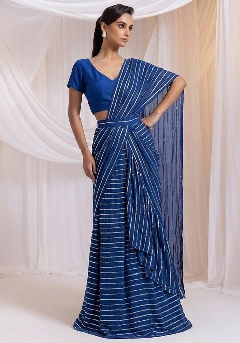 Royal Blue Embroidered Chinon Pre Draped Saree Set