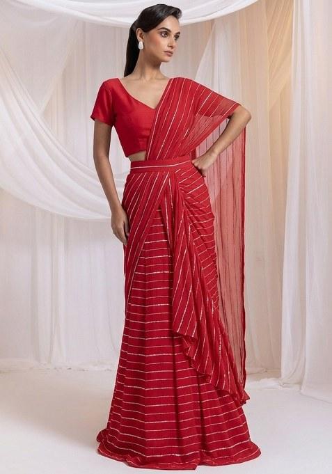 Crimson Red Embroidered Chinon Pre Draped Saree Set