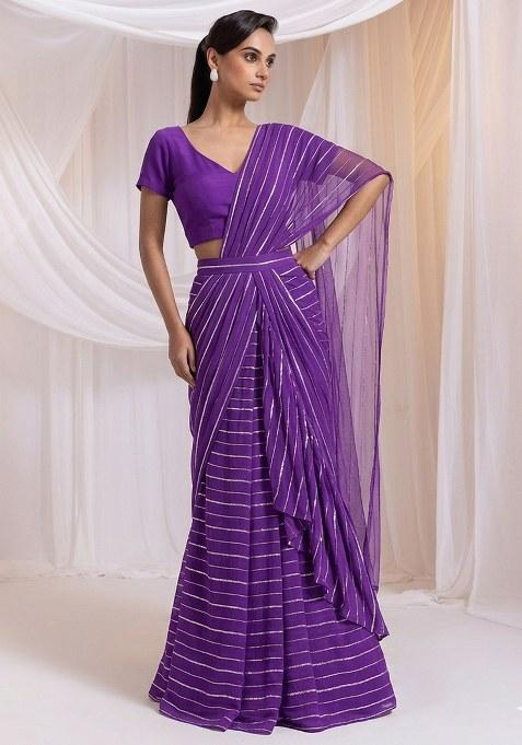 Lavender Embroidered Chinon Pre Draped Saree Set