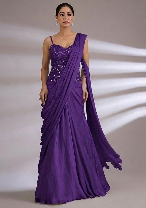 Violet Purple Embroidered Georgette Pre Draped Saree Set