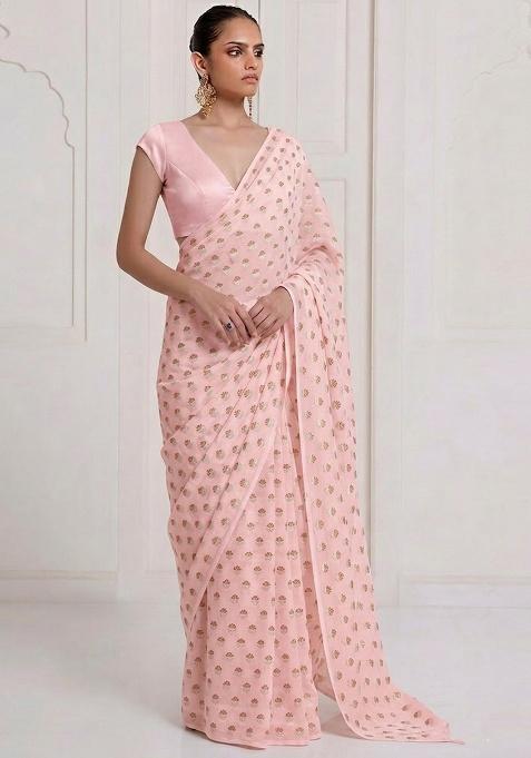 Pink Chanderi Pre Draped Saree Set