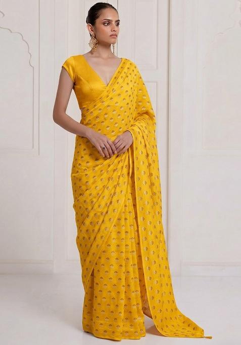 Yellow Chanderi Pre Draped Saree Set
