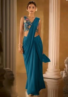 Teal Blue Embroidered Crepe Pre Draped Saree Set