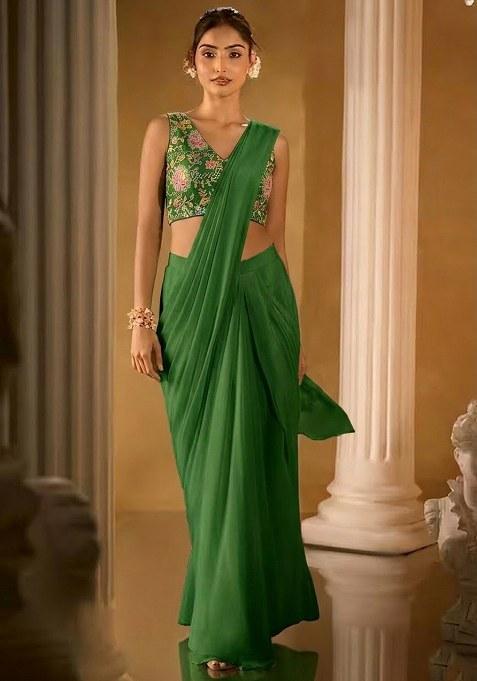 Green Embroidered Crepe Pre Draped Saree Set